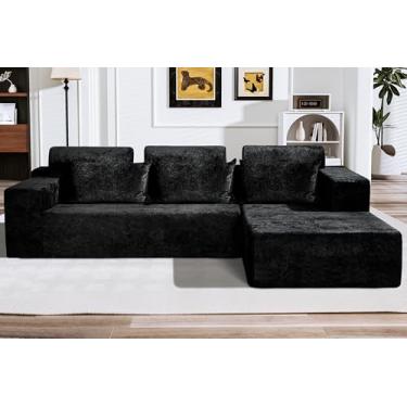 Imagem de HABUTWAY Sofá secional modular em forma de L de 266 cm para sala de estar, sem necessidade de montagem, sofá modular confortável com assento profundo para sala de estar quarto, veludo envelhecido de