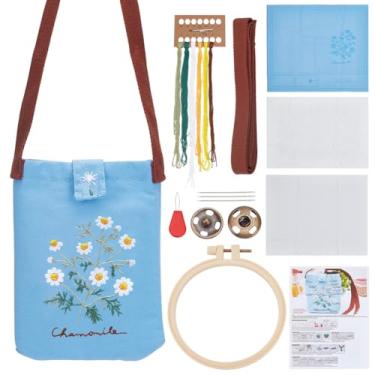 Imagem de PLIGREAT Bolsa de lona azul kit de bordado para iniciantes kit de bolsa de bordado margarida com argola e fivelas kit de ponto cruz floral para adultos, mulheres, homens, artesanato, presente