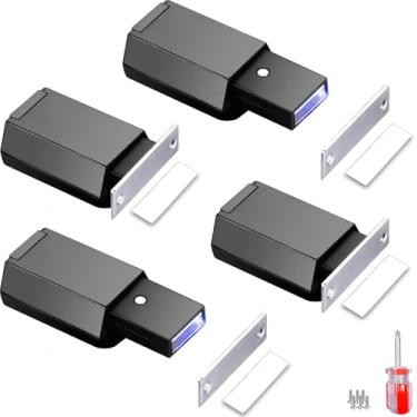 Imagem de Conjunto de 4 travas magnéticas para armário com trava e trava magnética para uso pesado para gaveta de porta oculta, ponta de liberação de empurrar para encaixe forte, preto