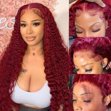 Imagem de 250% Densidade 99J Borgonha 33 x 15 Onda Profunda HD Perucas de Cabelo Humano para Mulheres Sem Cola Borgonha Profundo Curly Lace Frontal Perucas de Cabelo Humano Virgem Brasileiro Pré-Arrancadas com