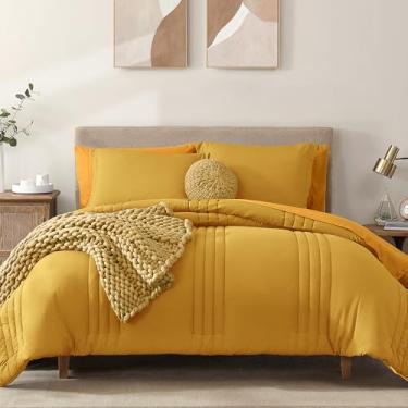 Imagem de Monbix Conjunto de edredom King Size – 7 peças, cama em uma bolsa, conjunto de cama king, amarelo brilhante com edredom, todas as estações, conjunto de cama alternativo com lençóis, fronhas e fronhas