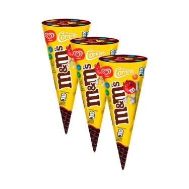 Imagem de Kit 3 Sorvete Casquinha Kibon Cornetto M&M's 62g