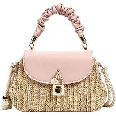 Imagem de Palha Crossbody Bolsa Para Mulheres Mão Tecido Bolsa De Ombro Couro Top Handle Pequena Bolsa Boho Rattan Praia Bolsas, Pink-a, One Size