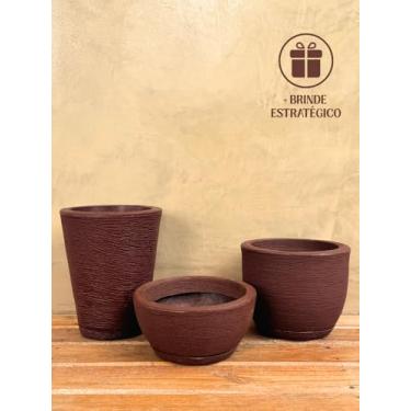 Imagem de Kit Vasos Escovado Decorativo Jardim Polietileno Moderno (Marrom)