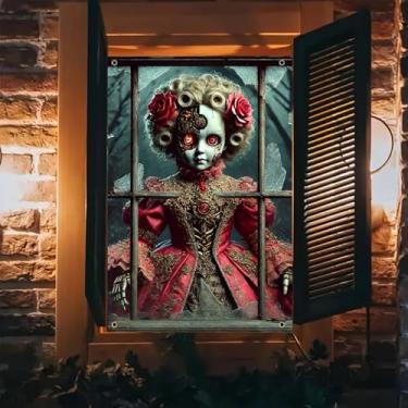 Imagem de BlissYard Capa de janela de Halloween Capa de janela de terror boneca steampunk 81 x 128 cm vestido vermelho máscara dourada janela quebrada festa em casa assombrada para parede interna decoração de