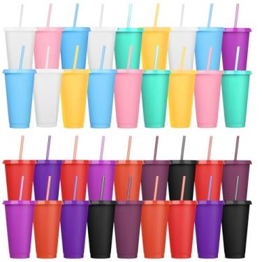 Imagem de Pacote com 36 copos de plástico com tampas e canudo, copos reutilizáveis com tampas e canudos, copos coloridos para bebidas frias, café gelado, copo de plástico a granel para presentes de festa de