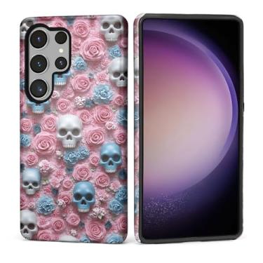 Imagem de Capa para Samsung Galaxy S25 Ultra, Silicone Macio Fosco + PC Rígido Anti-Riscos Corpo Inteiro Robusta À Prova de Choque Capa 2 em 1 para Mulheres e Homens - Caveiras de Esqueleto Rosa Floral