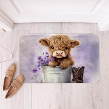 Imagem de Erosebridal Tapetes de banho de vaca de desenho animado 50,8 cm x 81,3 cm Highland Cows, tapetes de banheiro para crianças, meninas, margarida, floral, madeira, rústico, roxo, branco, tapetes de banho