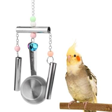 Imagem de Hypeety Brinquedos de sino de pássaro de aço inoxidável, colheres resistentes, anéis de pendurar com gaiola de metal, sinos para pendurar para cacatuas, araras, papagaios e pássaros grandes cinza