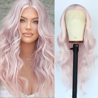 Imagem de Conkolar Pink Lace Front Wig Long Wavy Wigs for Women Glueless HD Pre Plucked Synthetic Loose Curly Wear And Go Lace Front Wig For Cosplay Party Light Pink Wig With Natural Hairline For Women 24inch