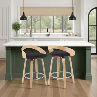 Imagem de Sonia — Banqueta de barra giratória moderna com assento estofado preto e acabamento de madeira de carvalho estampado, conjunto de 2