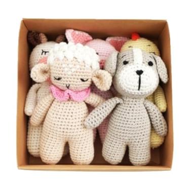 Imagem de KITA Caixa de presente de fazenda – Conjunto de 5 peças de caixa de presente de animal de crochê fofo inclui vaca, cordeiro, cachorro, porco e pintinho - Amigurumi brinquedos de pelúcia macios para