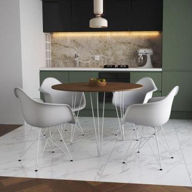 Imagem de Mesa Jantar Redonda 110Cm Amêndoa Clips 3 Pés Com 4 Poltronas Brancas 