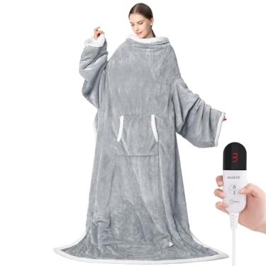 Imagem de Cobertor elétrico usável com bolso para os pés e mangas, cobertor aquecido, cobertores elétricos aconchegados, configuração de 6 níveis de aquecimento e desligamento automático de 4 horas, lavável na