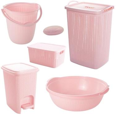 Imagem de Kit 6 Peças Bebê Trama Plasútil Bacia Balde Lixeira Cesto de roupa infantil (Rosa)