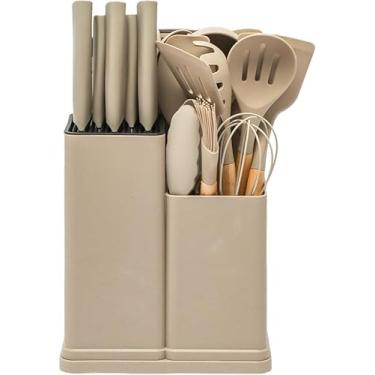 Imagem de Utensilios Para Cozinha Silicone Kit 19 Peças Cabo Madeira Conjunto Completo Espátula Concha Colher Jogo Suporte Faca Antiaderente Tabua Tesoura Faqueiro PREMIUM (Cáqui)