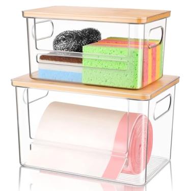 Imagem de Hiitytin Dispensador de saco de lixo com 2 unidades, dispensador de saco de lixo com tampa e alças de bambu, organizador de saco de lixo transparente empilhável sob a pia para cozinha, despensa