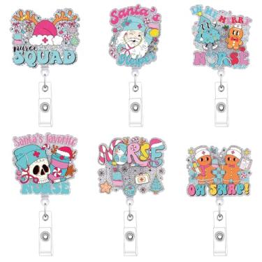 Imagem de Suporte de crachá de Natal com clipe retrátil – Carretel de crachá cosmisun 6 peças com clipe jacaré com purpurina, papai noel, pão de gengibre, retrátil, porta-cartões de identificação de enfermeira