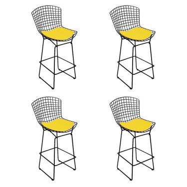 Imagem de Kit 4 Banquetas Bistrô Bertoia Preta D80 Com Assento Amarelo