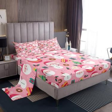 Imagem de Feelyou Jogo de lençol solteiro de Papai Noel fofo boneco de neve com bolsos profundos, presente para crianças, meninos, meninas, árvore de Natal, floco de neve, doces, 1 fronha, rosa