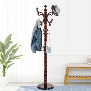 Imagem de KITGLASS Suporte de madeira de 183 cm, cabideiro independente com 14 ganchos e base redonda estável, suporte vintage de altura ajustável para corredor e escritório