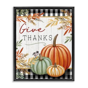 Imagem de Stupell Industries Give Thanks Gingham & Pumpkins arte de parede em tela flutuante preta emoldurada, design por Elizabeth Tyndall, 88 x 63 cm
