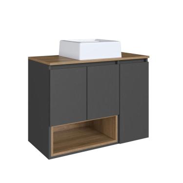 Imagem de Gabinete de Banheiro Suspenso 80cm com Cuba 3 Portas Marrom/Grafite Cecília BL9220 - Faema Móveis