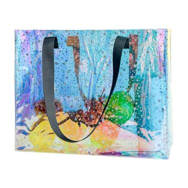 Imagem de TotePrint Sacola holográfica transparente com alças pretas Rainbow Stadium Bolsa de praia de pvc aprovada para mulheres compras, Estrela azul holográfica, Large