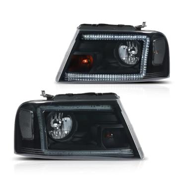 Imagem de Par de faróis de LED compatível com Ford F150 2004-2008 Fit Lincoln Mark LT 2006-2008 FO2503247, FO2502247 Lente fumê preta alojamento refletor transparente conjunto de faróis Faros Conjunto de Faros