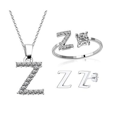 Imagem de Loqimu Pacote com 3 conjuntos de joias iniciais anéis, colar com pingente maiúsculo, brincos, brincos e acessórios femininos, Z, Cobre, Zircônia cúbica