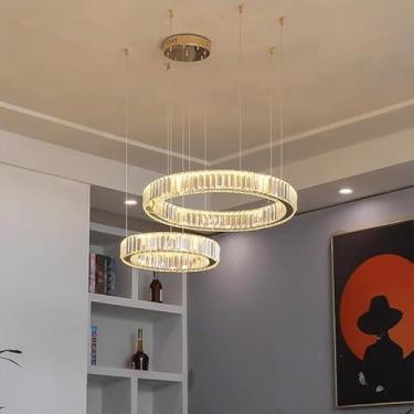 Imagem de Lustres de cristal LED modernos 3 anéis redondos circulares reguláveis para sala de estar, lustre para hall de entrada, luminária pendente grande cromada para hotéis, sala de jantar, ilha de