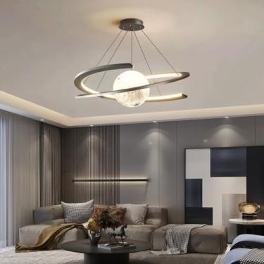 Imagem de Lustre moderno com design em anel de LED regulável, criativo, pendente, luz para sala de estar, grande, decorativo, luminária suspensa, altura ajustável, lâmpada de quarto, adequada para ilu
