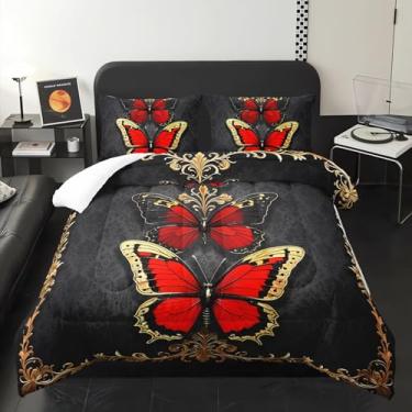 Imagem de lneffble Jogo de cama king size com borboleta vermelha e dourada, gótico King, com 1 edredom com 2 fronhas, decoração de quarto temática de borboleta