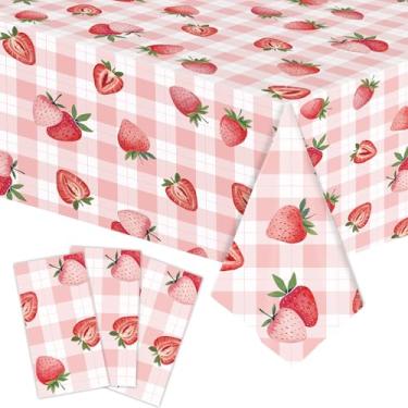 Imagem de Toalha de mesa de plástico morango de 3 peças de 137 x 272 cm – capa de mesa retangular descartável guingão rosa para festas de verão, piqueniques, chás de bebê e reuniões ao ar livre