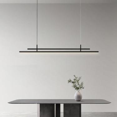 Imagem de Luminária pendente de lustre linear regulável moderna para sala de jantar, cozinha, ilha e sala de estar, luminária de teto preta com controle remoto