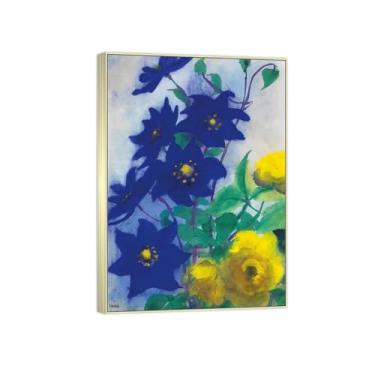 Imagem de BMZFYBS Arte de parede em tela de flores reprodução de pintura famosa - imagens de moldura prateada para sala de estar - flores azuis e amarelas - pôster e impressões 50 x 70 cm 20 x 27 pol