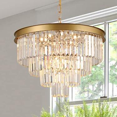 Imagem de Lustre de cristal moderno de luxo 24" luminária pendente redonda dourada com 12 luzes para sala de jantar, entrada, sala de estar, design de gota de chuva, iluminação embutida
