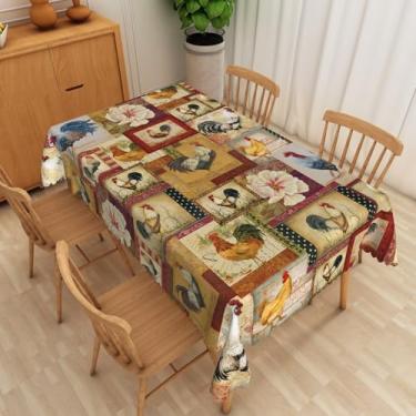 Imagem de SIEDYCV Toalha de mesa floral Rooster 152 cm x 232 cm vintage rústica galos flores tecido xadrez toalha de mesa de poliéster antirrugas reutilizável retangular capa de mesa para decoração de festa