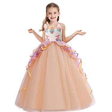 Imagem de NEWEPIE Fantasia de unicórnio para meninas Halloween vestido chique princesa aniversário concurso casamento Natal festa longo tule vestido de baile champanhe 4-5T