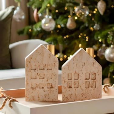 Imagem de DN DECONATION Conjunto de 2 castiçais de Natal - Castiçais de casa com chaminé de metal para velas cônicas, mesa de férias estilo travertino Boho e decoração de cornija
