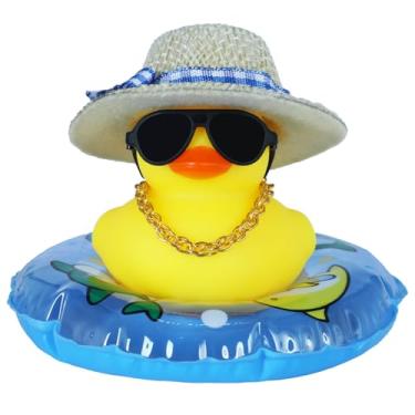 Imagem de Pato de borracha amarelo, pato de borracha de carro divertido e barulhento, com anel de natação, chapéu e óculos de sol - painel de carro moderno decoração de escritório em casa