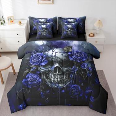 Imagem de Erosebridal Conjunto de edredom gótico de Halloween com lençóis, rosa, crânio, azul marinho, 7 peças, cama floral de caveira de açúcar em uma bolsa, tamanho king para adultos, homens e mulheres