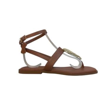 Imagem de QR Shoes, Sandália Feminina Rasteira Dedo Couro Legítimo Marrom Tiras Cor:Marrom;Tamanho:35