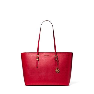 Imagem de Michael Kors Quinn Bolsa grande, ferragem dourada/folha impressa MK Signature Smooth Nappa Leather/Crimson