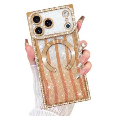 Imagem de Fiyart Capa projetada para iPhone 17 Pro Max, estampa listrada fofa compatível com proteção de câmera MagSafe com glitter magnético estético TPU à prova de choque para mulheres e meninas 17,5 cm