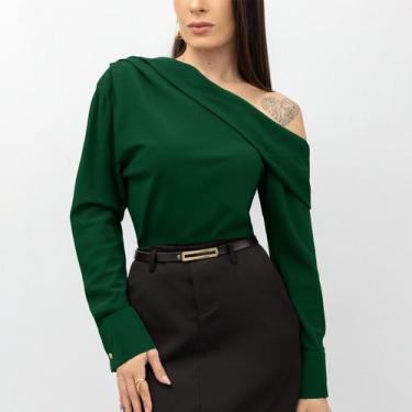 Imagem de Blusa Blusinha Feminina Ombro Só Manga Longa Plissado Elegante Moderna