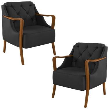Imagem de Kit 2 Poltronas Decorativas Braços em Madeira Hand PU Preto - Gran Belo