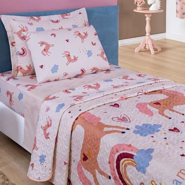 Imagem de Kit 5 Peças Fantasy = Colcha Solteiro Infantil + Jogo de Lençol - Unicórnio Rosa