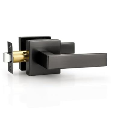 Imagem de Probrico Maçaneta de porta de passagem quadrada preta, 1 unidade, sem trava, interior cinza, reversível, maçaneta de corredor