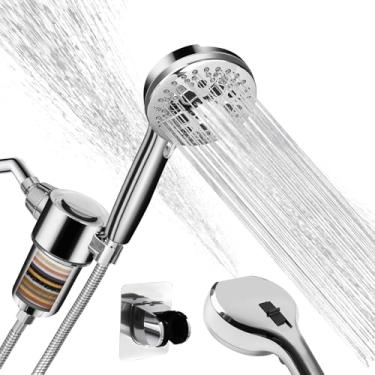 Imagem de Chuveiro filtrado com portátil, chuveiro de alta pressão com 9 modos de pulverização com filtros, cabeça de filtro de chuveiro de 20 estágios para água dura, chuveiro com bicos antientupimento